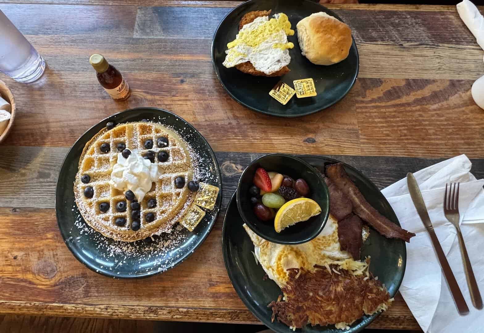 Breakfast waffle, eggs and bacon at Schilo's in San Antonio