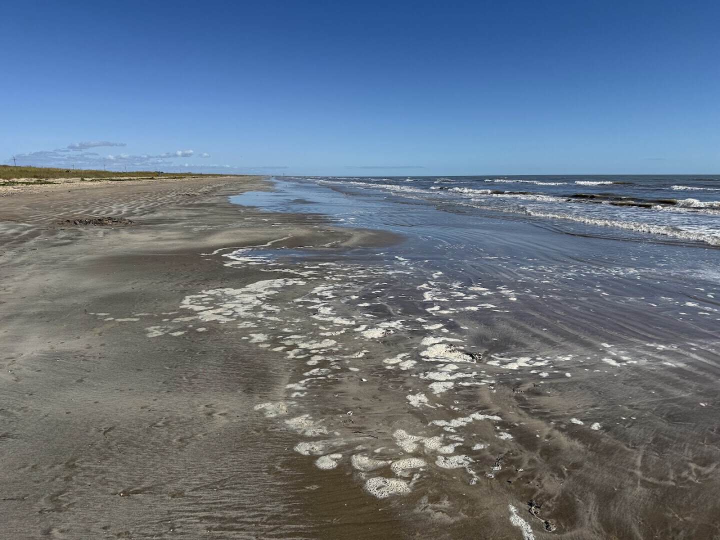 Empty Gulf beach with surf and marsh grass at Sea Rim State Park in Sabine Pass, Texas
