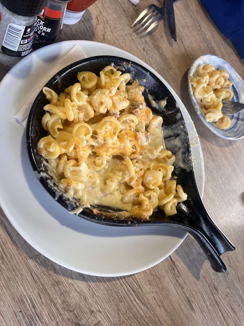 Seafood mac and cheese skillet at Katie's Seafood House in Galveston, Texas
