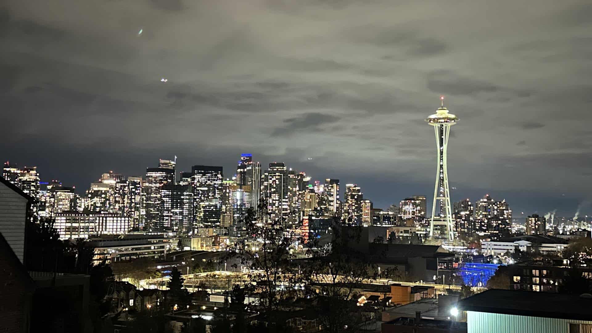 The Seattle skyline and Space Needle lit at night from Kerry Park, Seattle, Washington