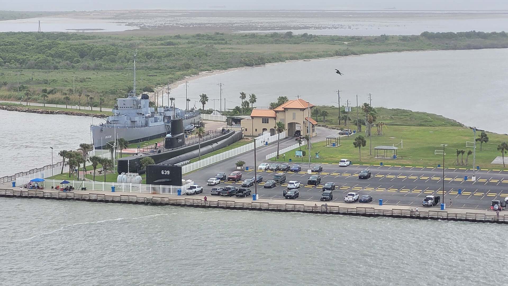 Aerial view of Seawolf Park on Pelican Island in Galveston, Texas