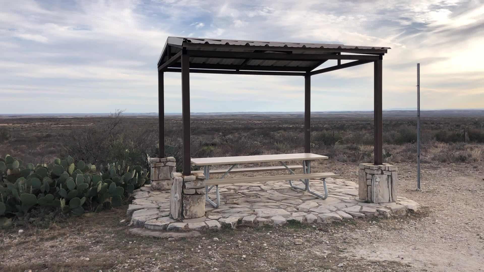 Shaded overlook shelter on the desert rim at Seminole Canyon State Park
