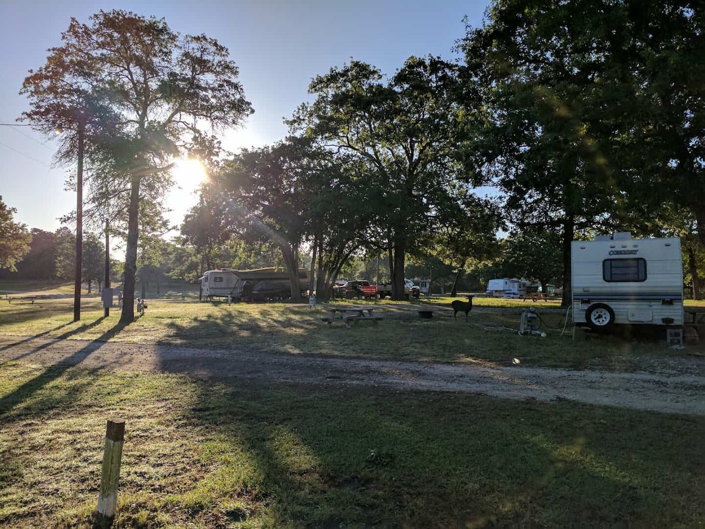A shaded RV campsite in the morning light at Camp Tonkawa Springs