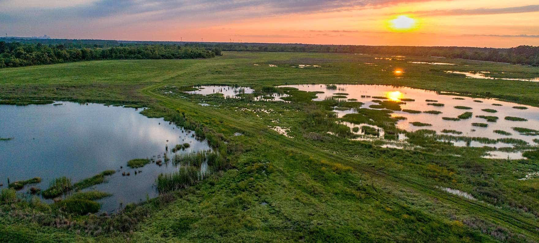 Aerial view of the wetlands and lake at sunset at Sheldon Lake State Park in Houston, Texas