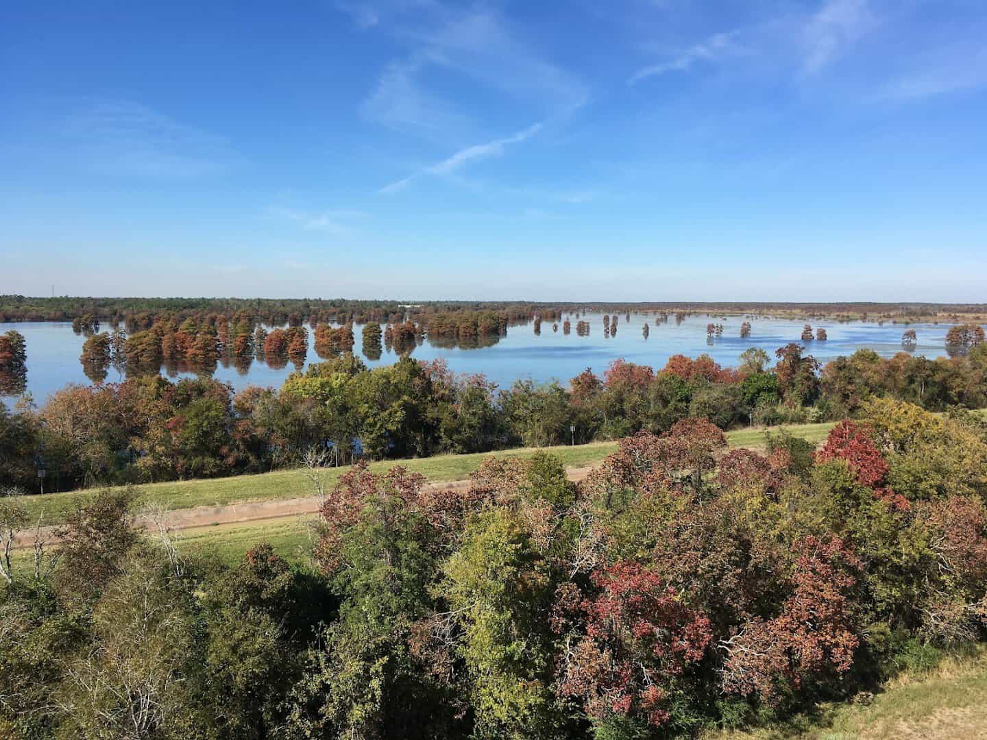 Wide view across Sheldon Lake from the bank in Houston, Texas