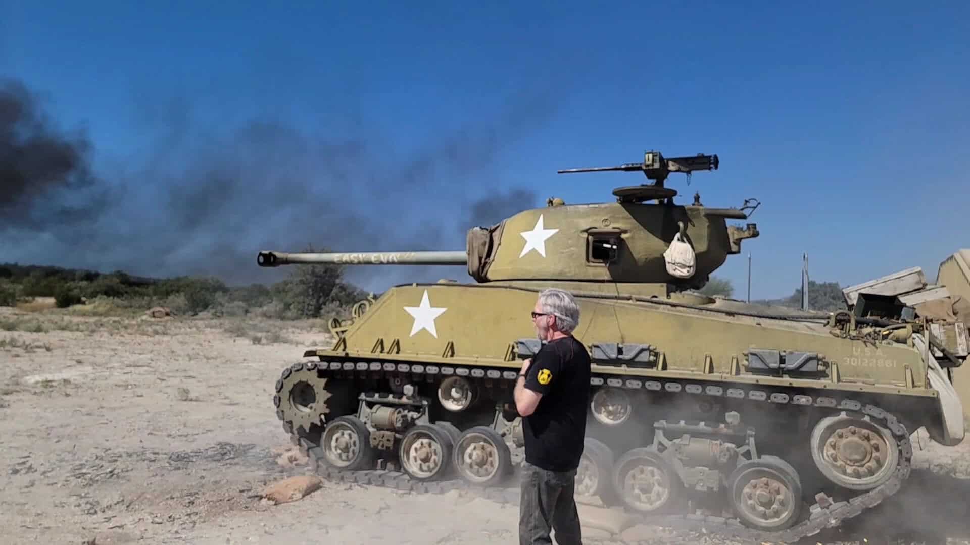 WWII Sherman tank parked outdoors at Ox Ranch in Uvalde, Texas