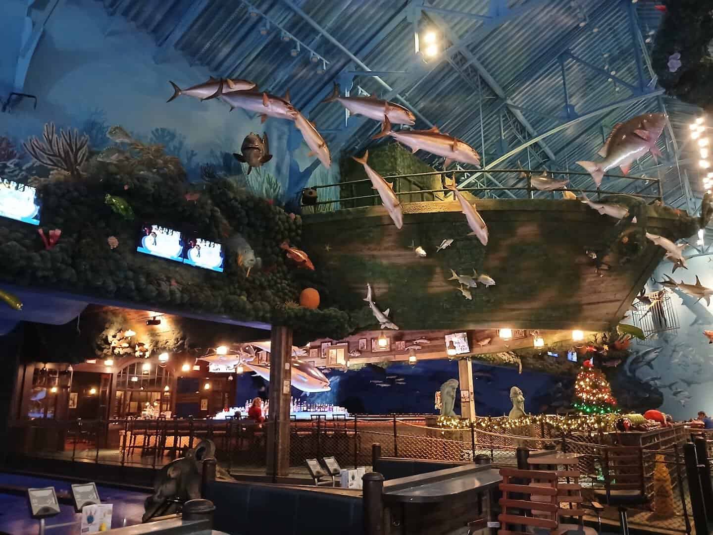 Shipwreck hull and fish over the family dining area at Uncle Buck's Fishbowl and Grill in Round Rock