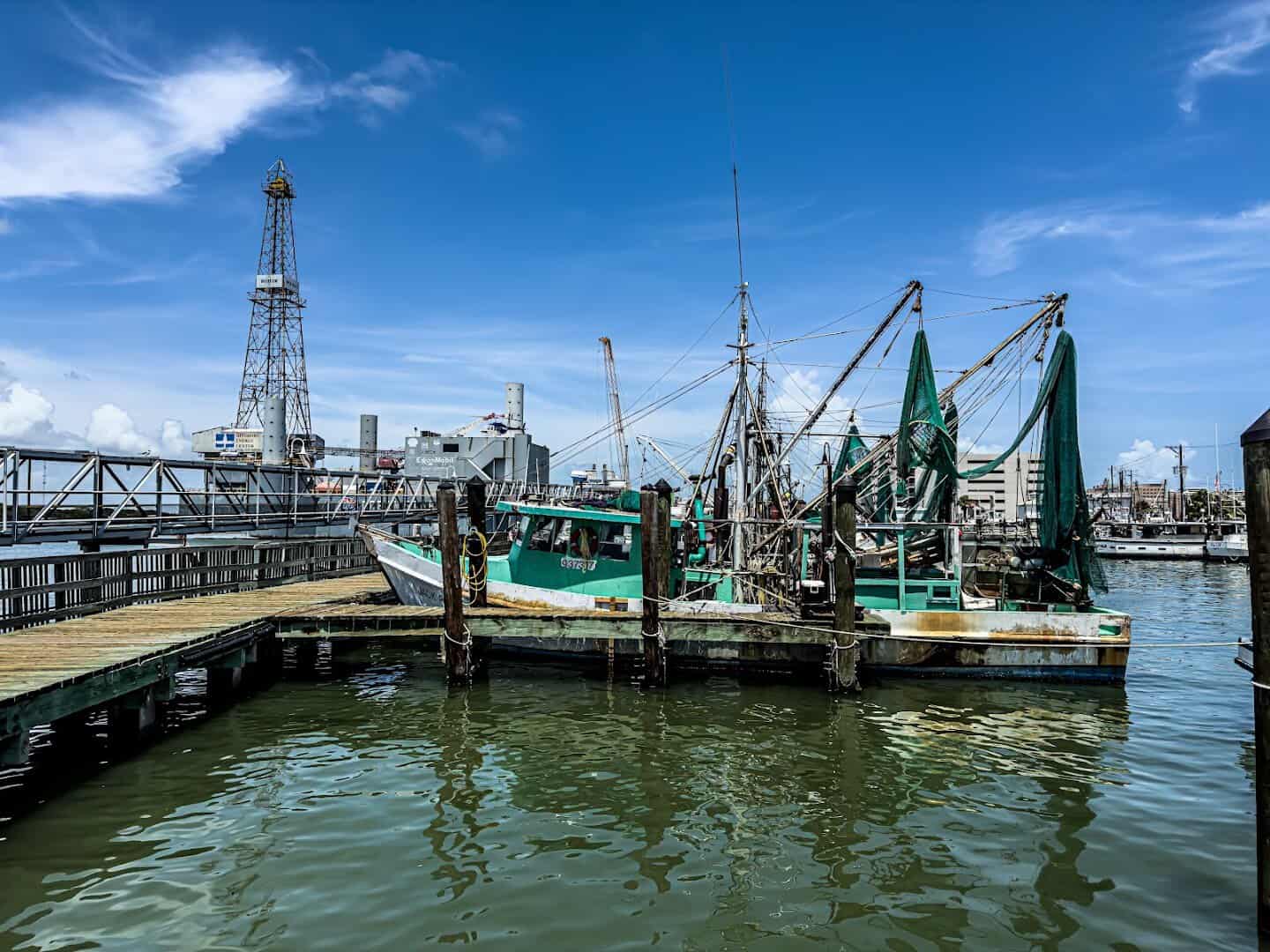 Shrimp boat at the working harbor beside Katie's Seafood House in Galveston, Texas