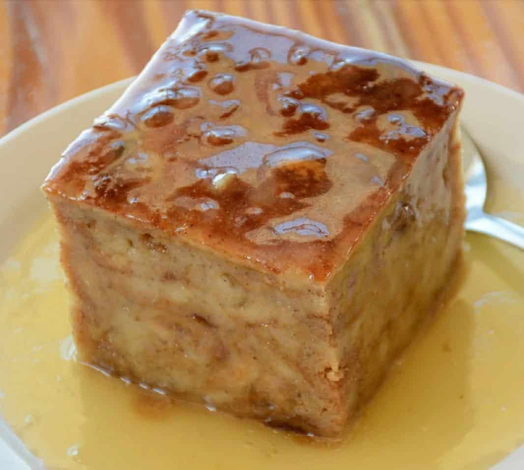 Signature bread pudding with sauce at Stingaree Restaurant in Crystal Beach