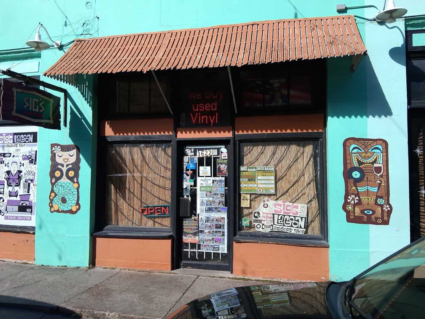 Storefront of Sigs Lagoon record shop on Main Street in Houston