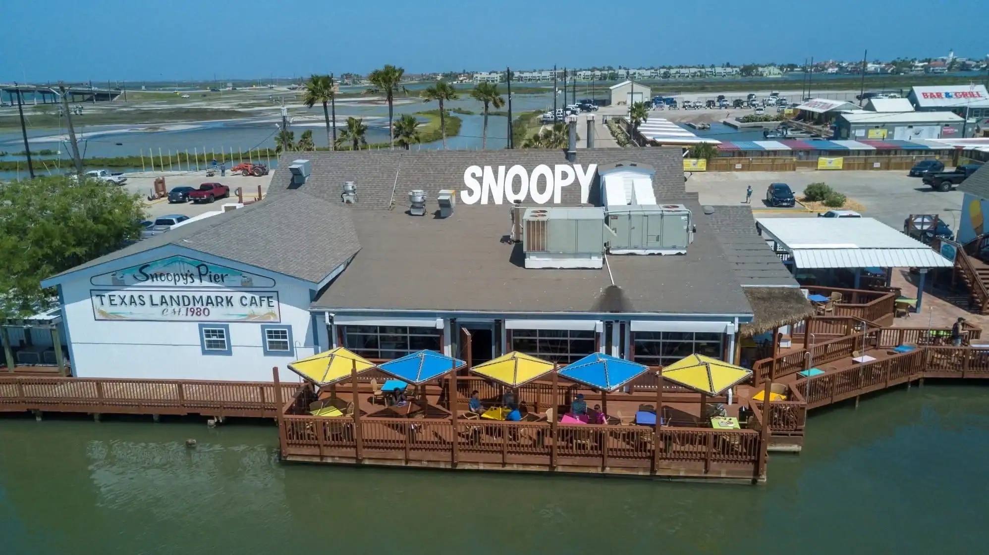 Aerial view of Snoopy's Pier on the Laguna Madre in Corpus Christi