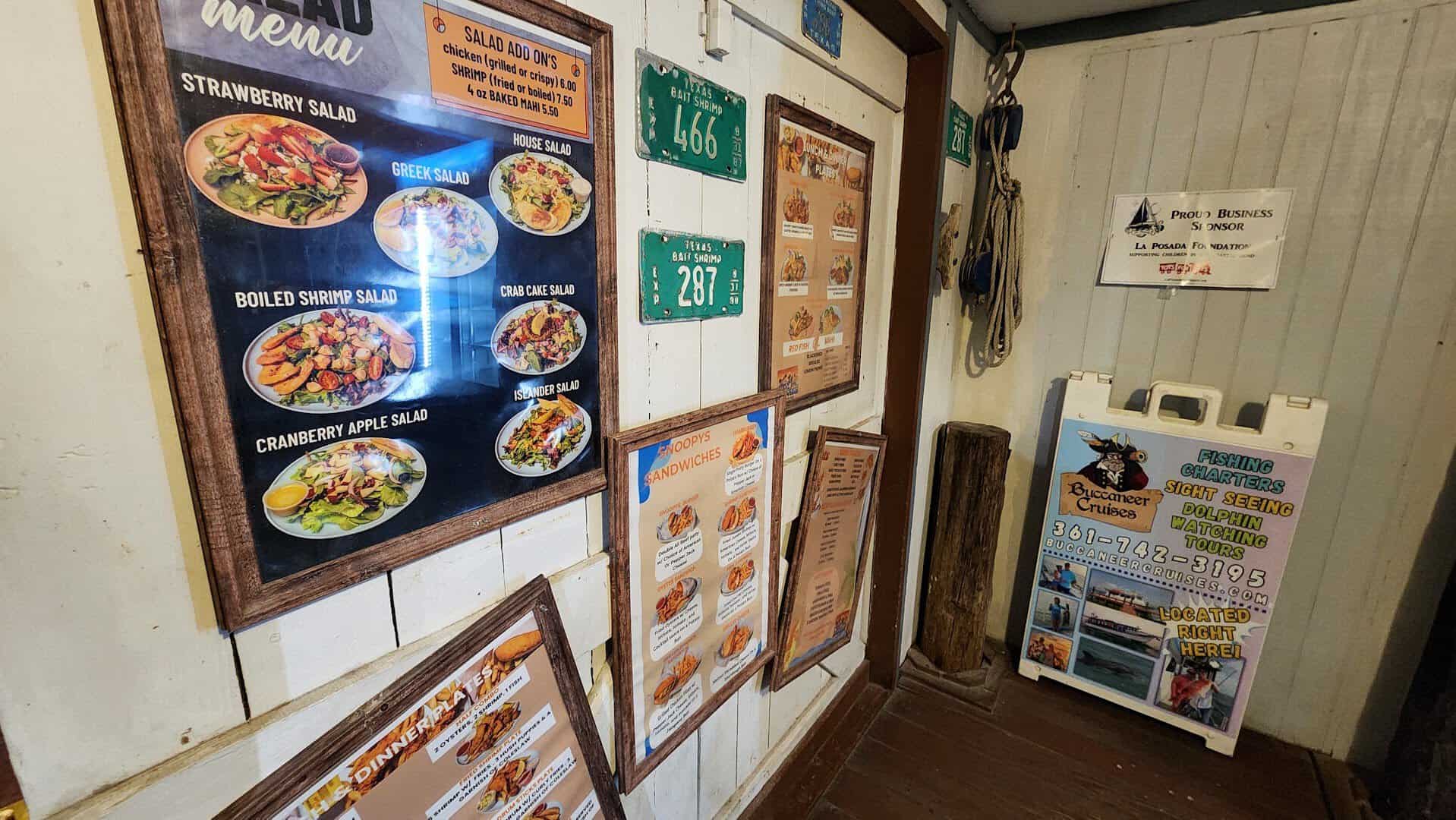 Snoopy's Pier menu board in Corpus Christi