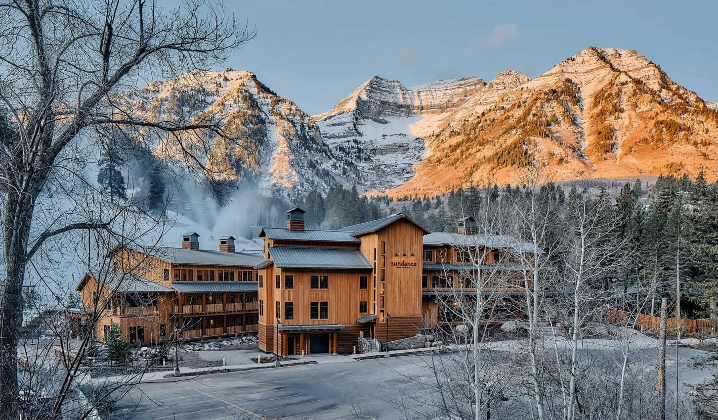 Wooden Sundance Mountain Resort lodges in the snow beneath Mount Timpanogos, Sundance, Utah