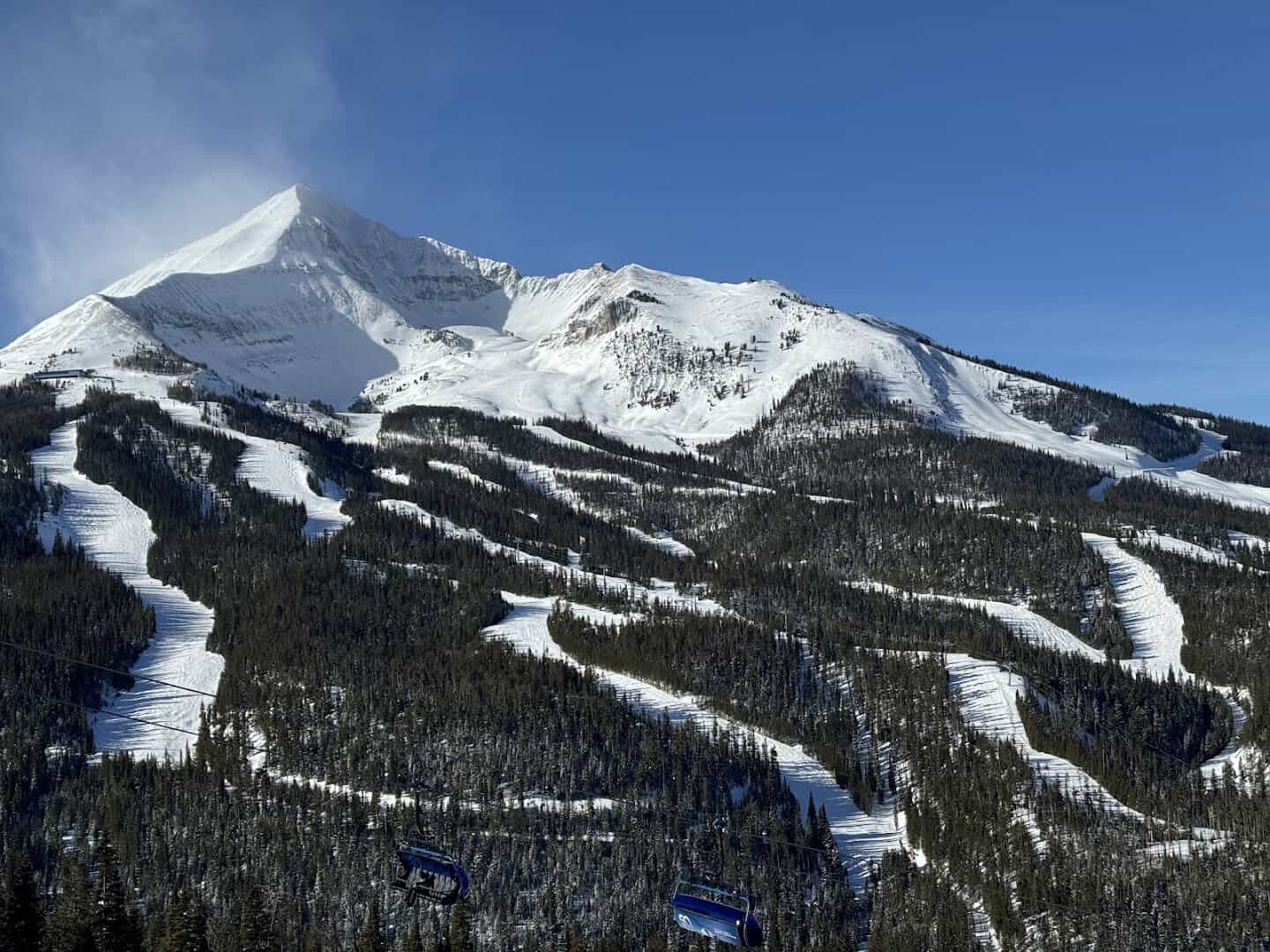Snow-covered Lone Peak and ski runs at Big Sky Resort, Montana