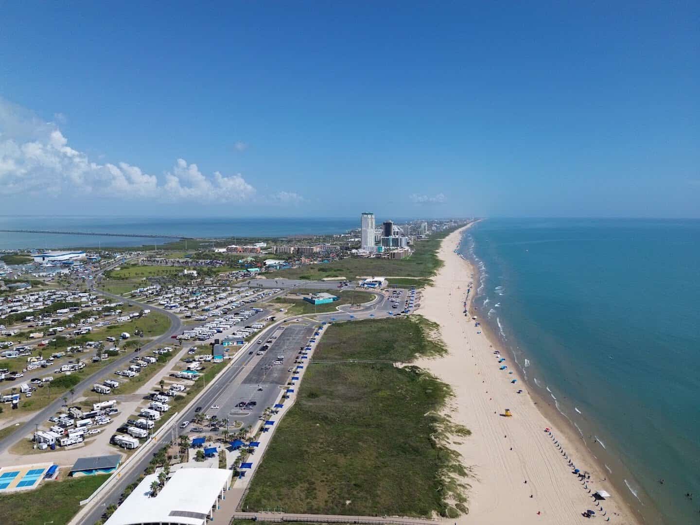 Aerial view of the beach and Gulf shoreline at South Padre Island, Texas