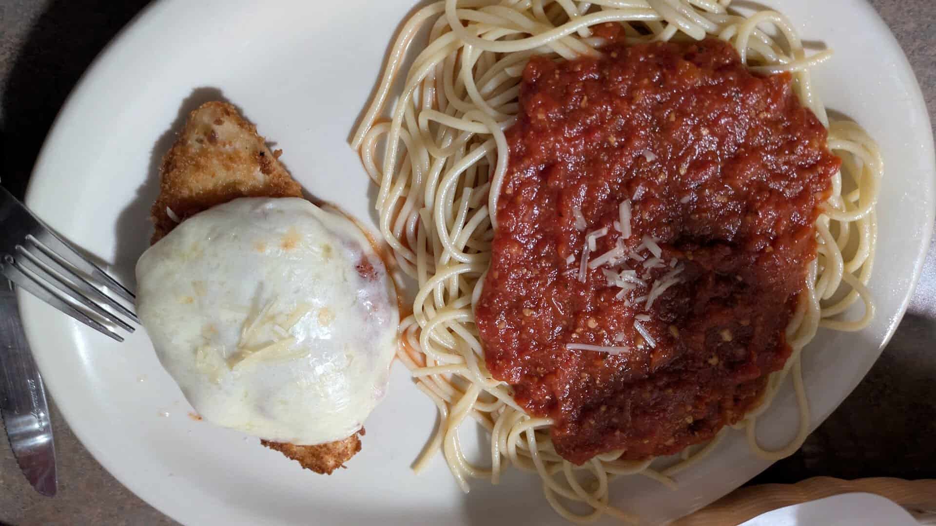 Spaghetti with house marinara and chicken parmesan at Monteleone's Italian Ristorante in El Paso