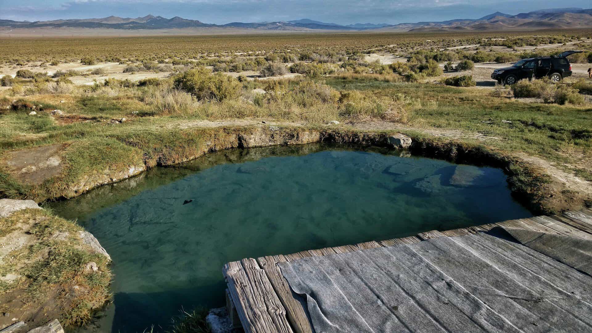 A natural hot-spring soaking pool at Spencer Hot Springs in the wide-open Monitor Valley near Austin, Nevada