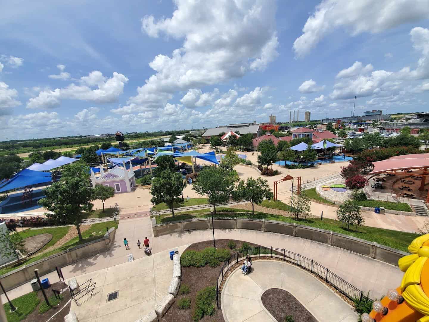 Overhead view of the splash pads and shade sails at Morgan's Inspiration Island