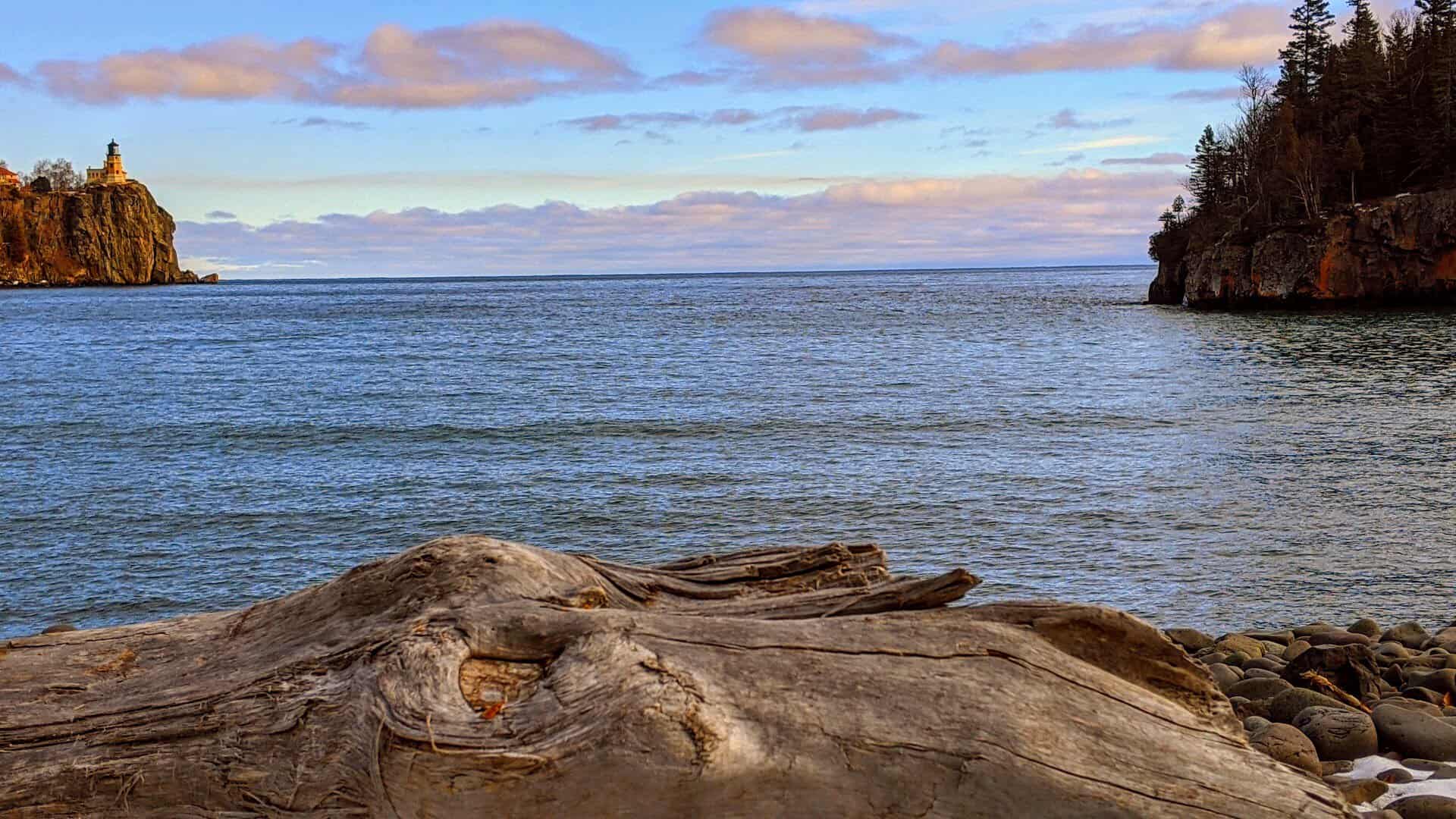 Split Rock Lighthouse on its cliff seen from the Lake Superior shoreline, Minnesota
