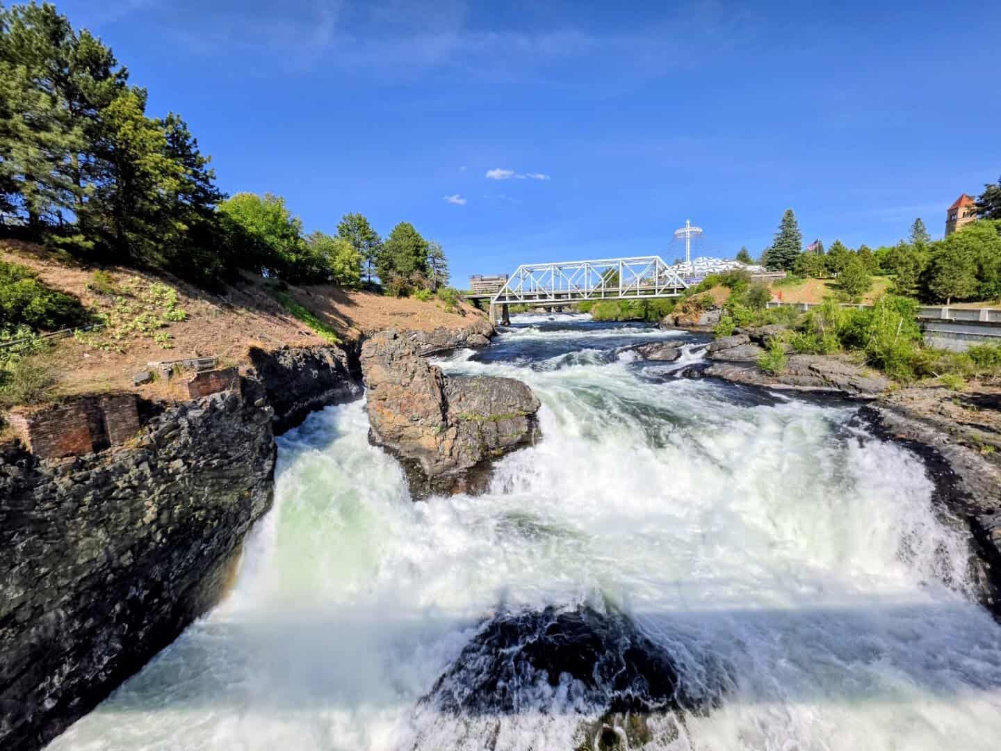 Spokane Falls rushing through Riverfront Park in downtown Spokane, Washington
