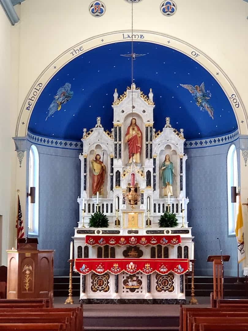 High altar and painted Sanctus ceiling at St. Anthony Catholic Church in Bryan