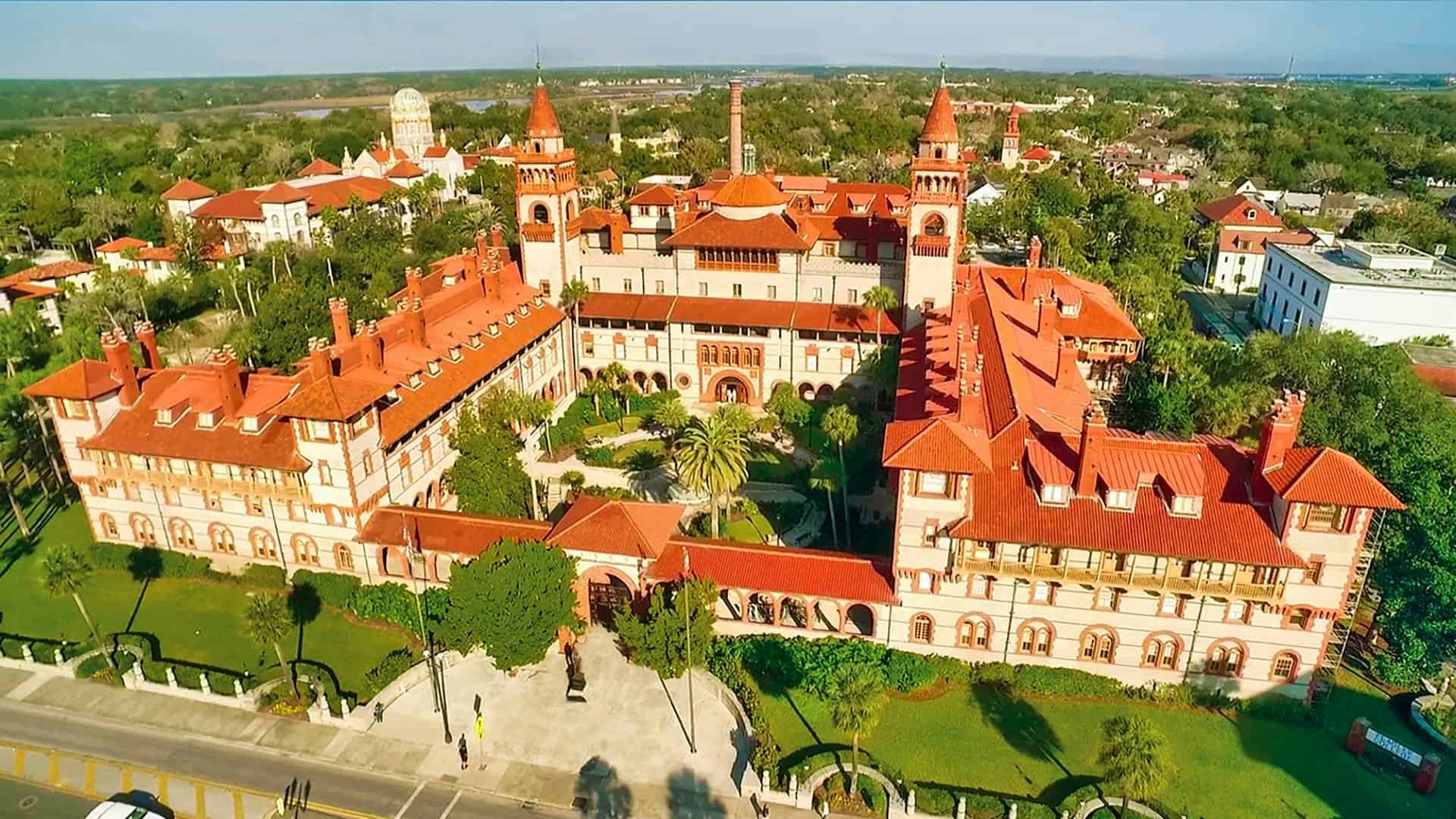 Red-roofed Spanish Renaissance towers of Flagler College, St. Augustine, Florida