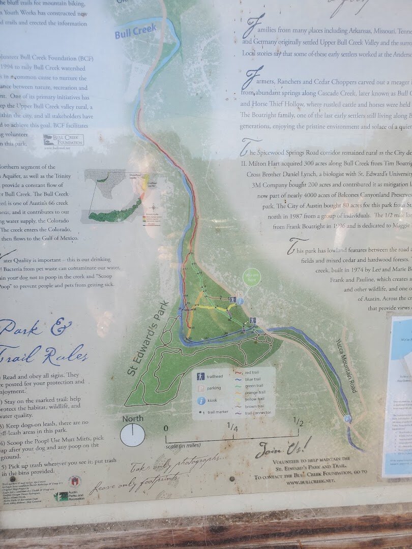 A park map and trail sign at St. Edward's Park in Austin