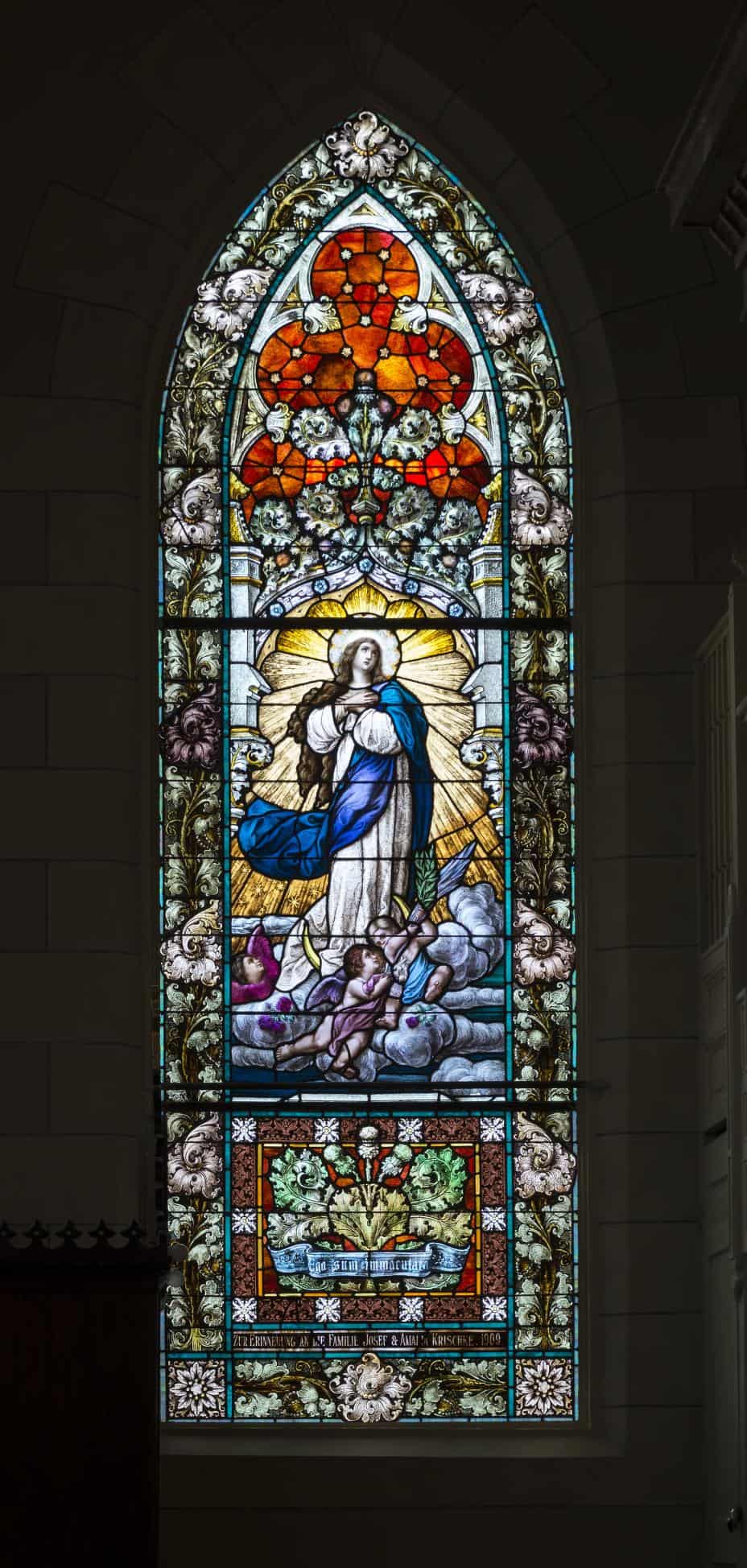 Stained glass window at St. Mary Catholic Church in High Hill, Texas