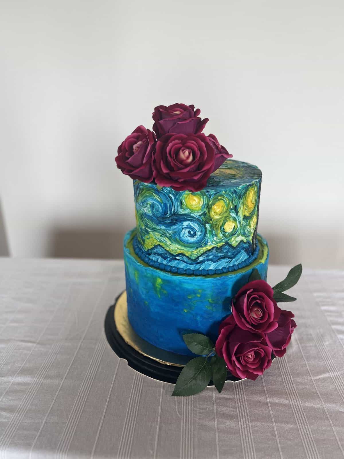 Van Gogh Starry Night gluten-free cake with roses at Sweet Gilly's