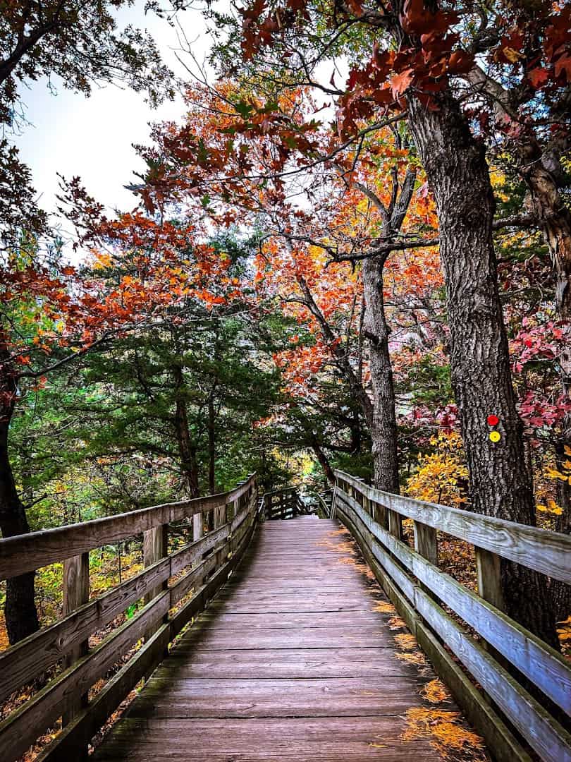 Autumn boardwalk trail through fall color at Starved Rock State Park, Illinois