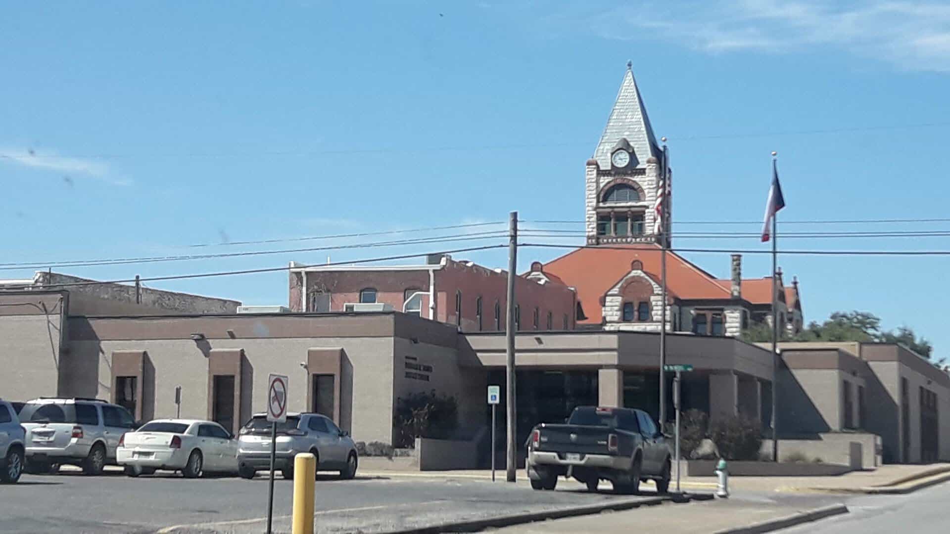 Downtown street with the courthouse in the distance in Stephenville, Texas