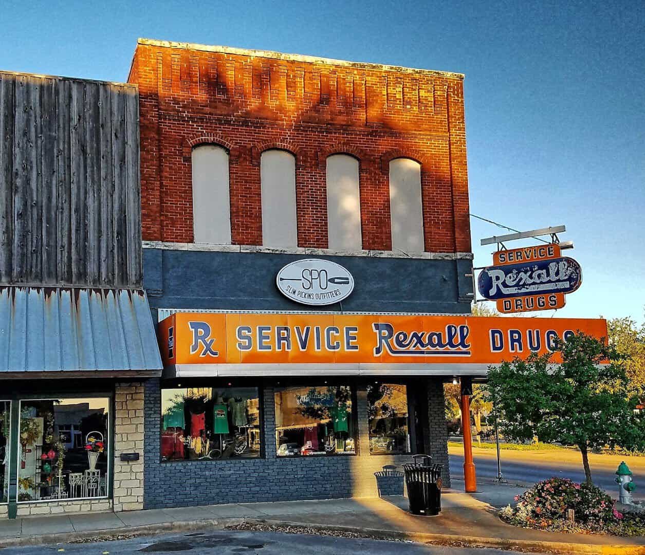 Vintage Rexall Drugs storefront on the downtown square in Stephenville, Texas