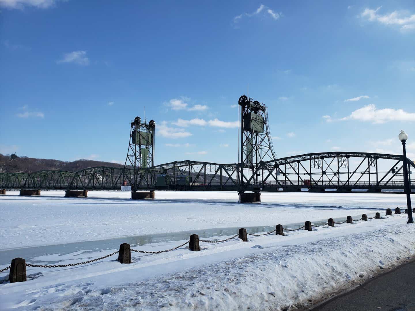 Stillwater Lift Bridge over a snowy St. Croix River, Stillwater, Minnesota