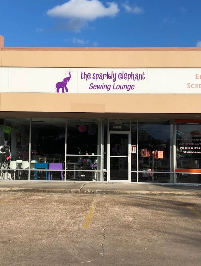 The Sparkly Elephant Sewing Lounge storefront in Friendswood, Texas