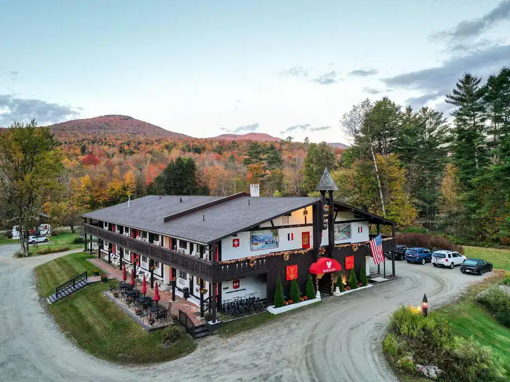 Tyrolean-style inn beneath the Green Mountains in autumn, Stowe, Vermont