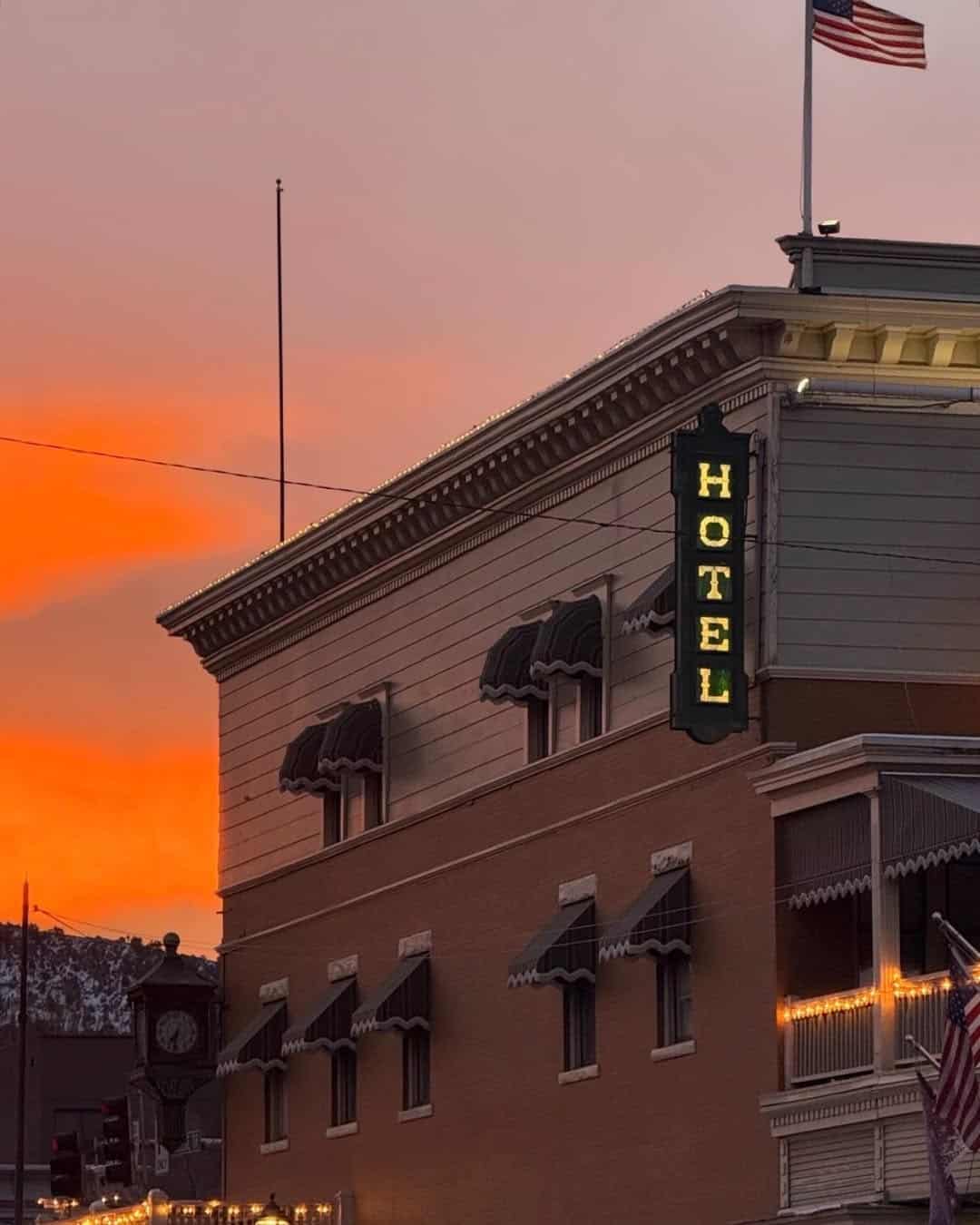 The historic Strater Hotel at dusk on Main Avenue in downtown Durango, Colorado