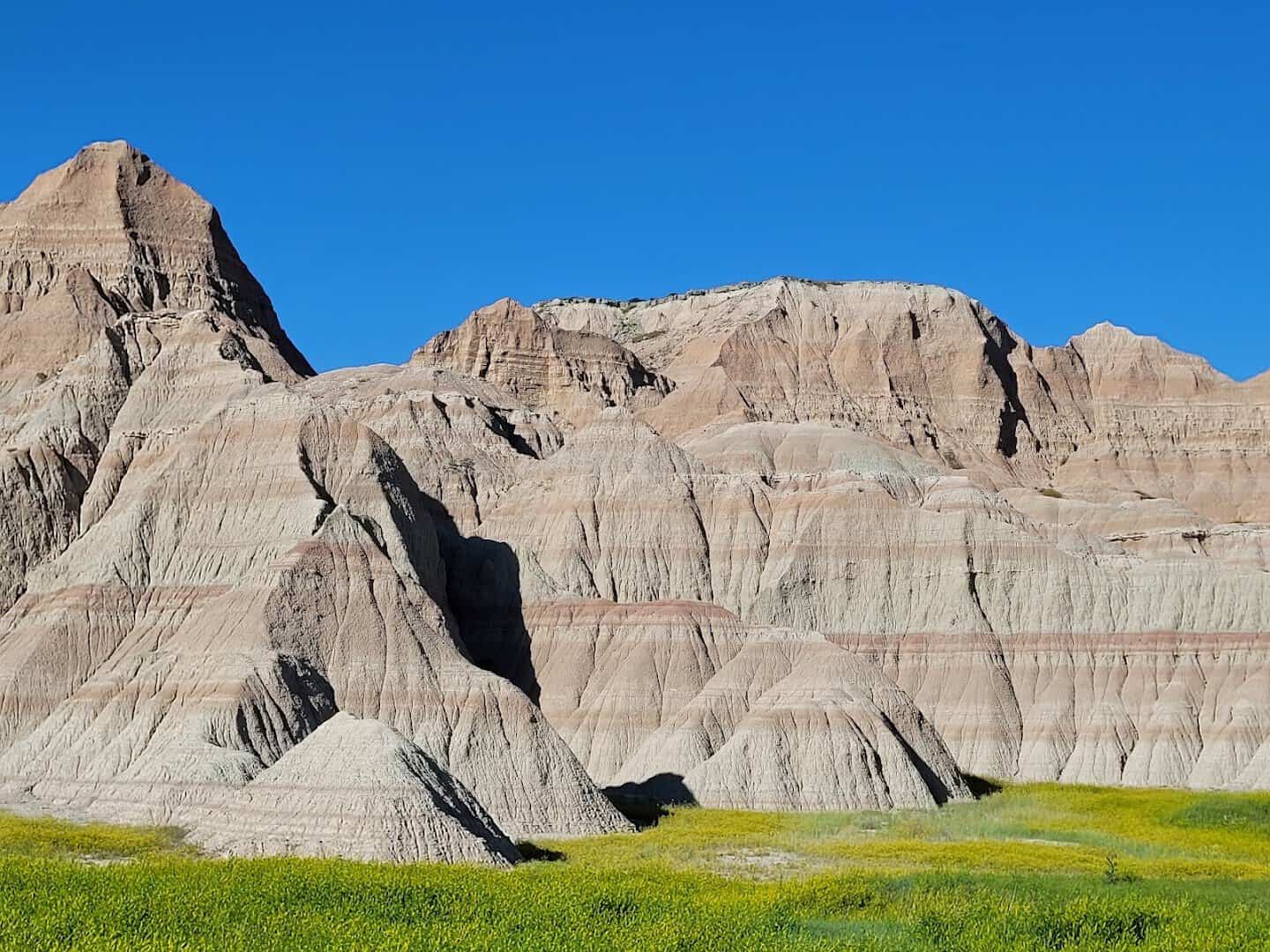 Striped buttes and spires in Badlands National Park, South Dakota