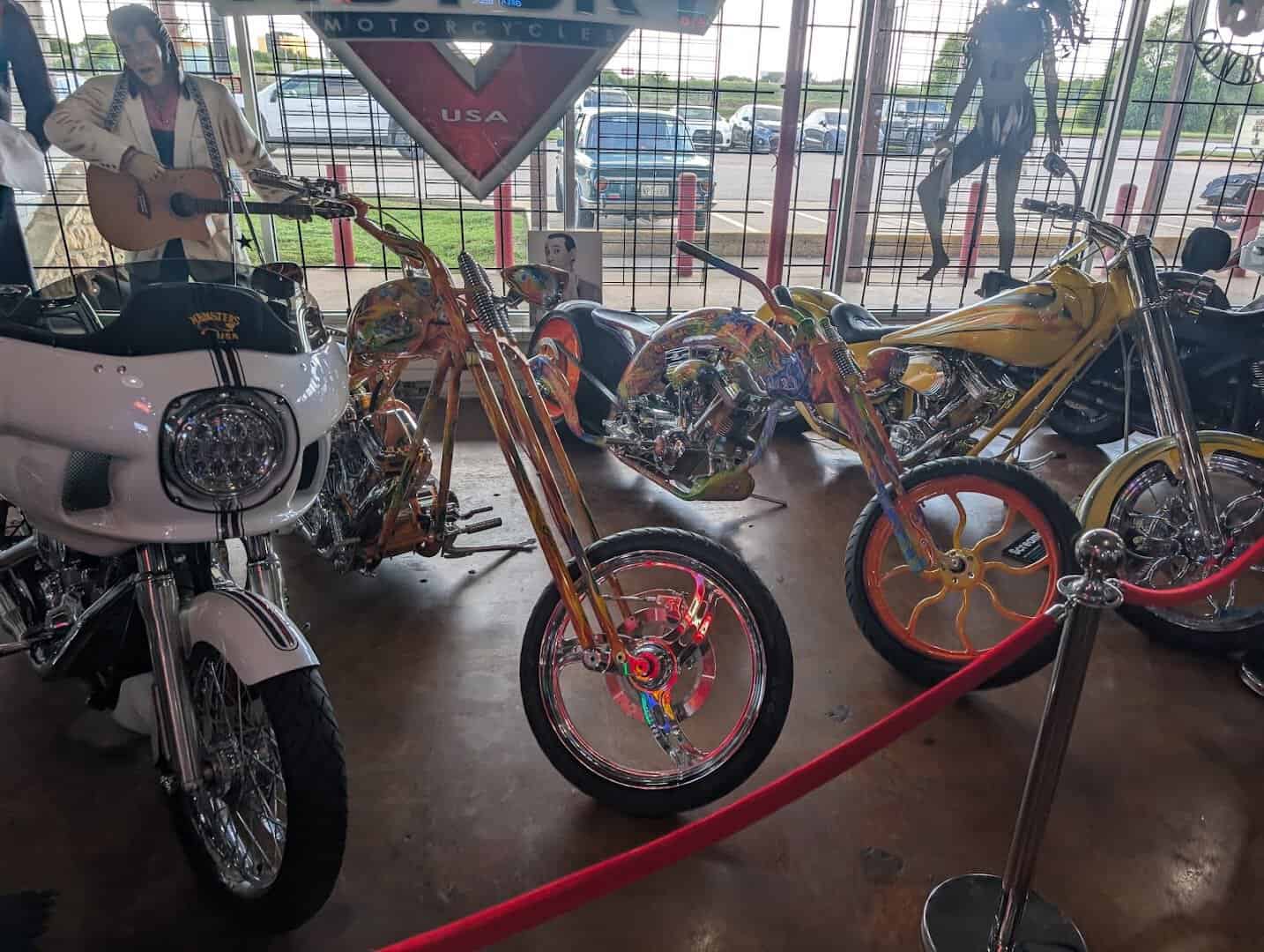 Row of custom motorcycles at Strokers Ice House in Dallas