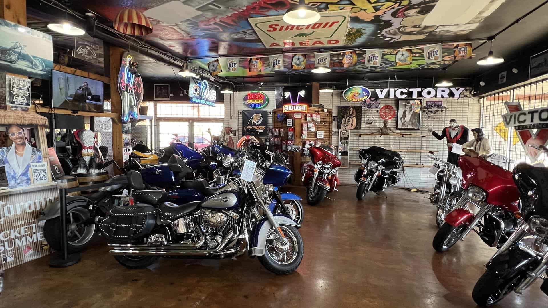 Custom motorcycles in the showroom at Strokers Dallas