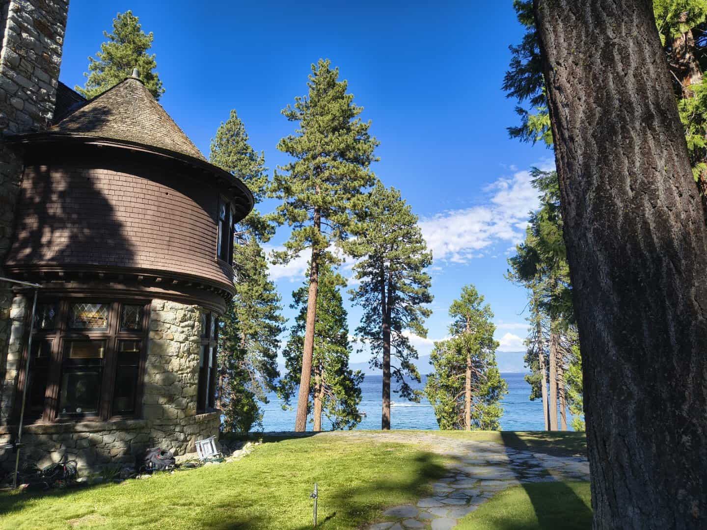 The stone-and-timber Hellman-Ehrman Mansion among pines at Sugar Pine Point State Park, California
