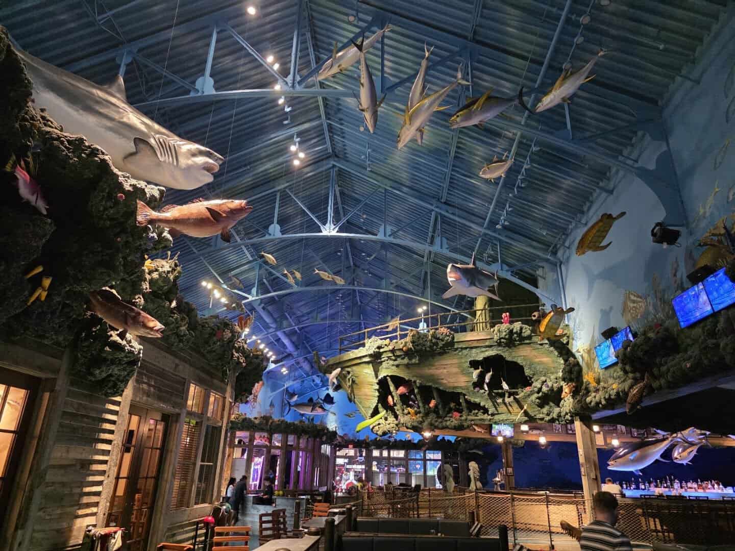 Sunken ship and hanging sharks above the dining room at Uncle Buck's Fishbowl and Grill in Round Rock