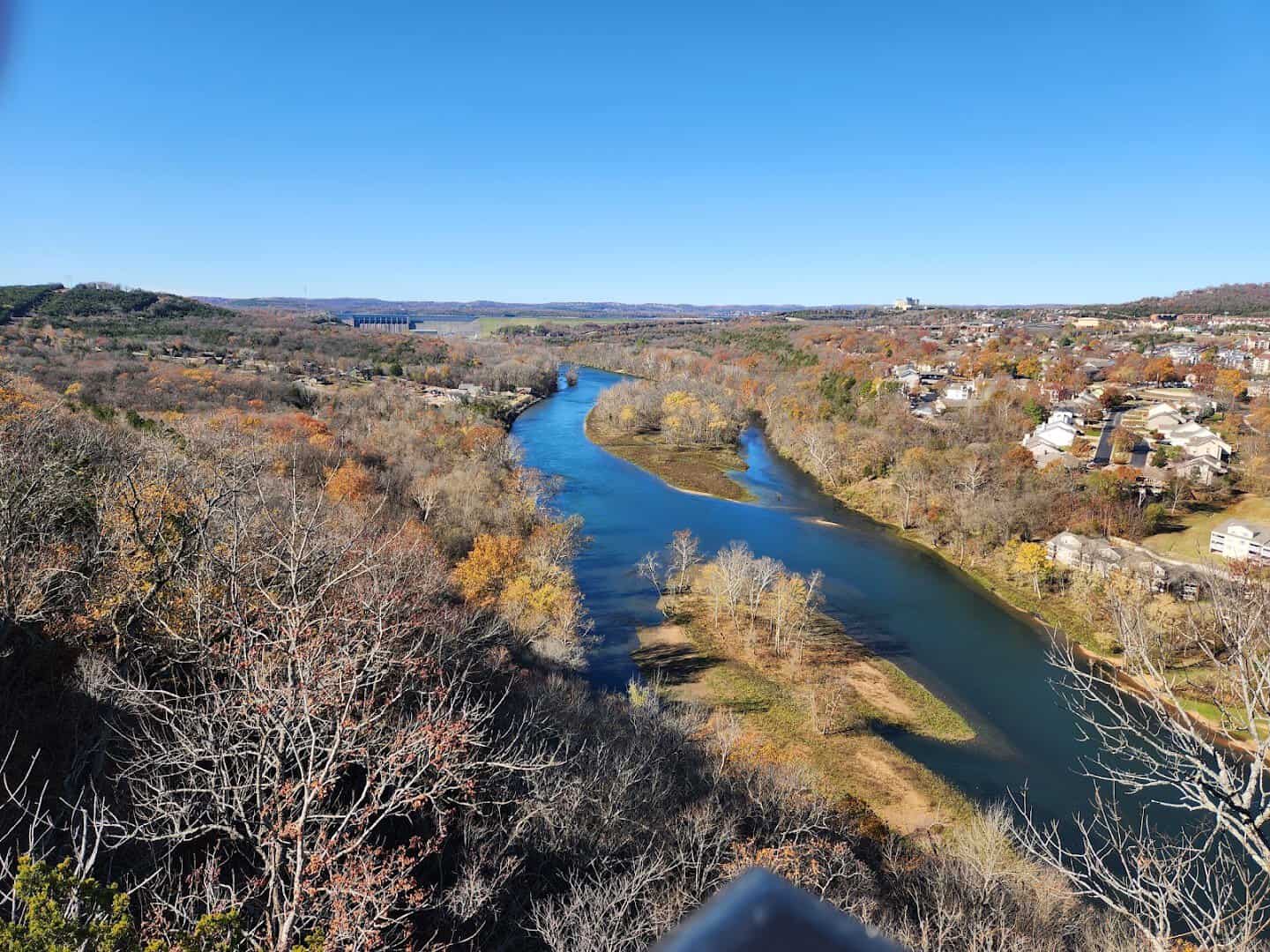 Table Rock Lake with autumn color on the Ozark shoreline, Missouri