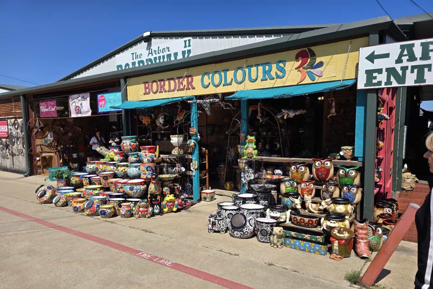 Colorful Talavera pottery booth at the Arbor at First Monday Trade Days in Canton
