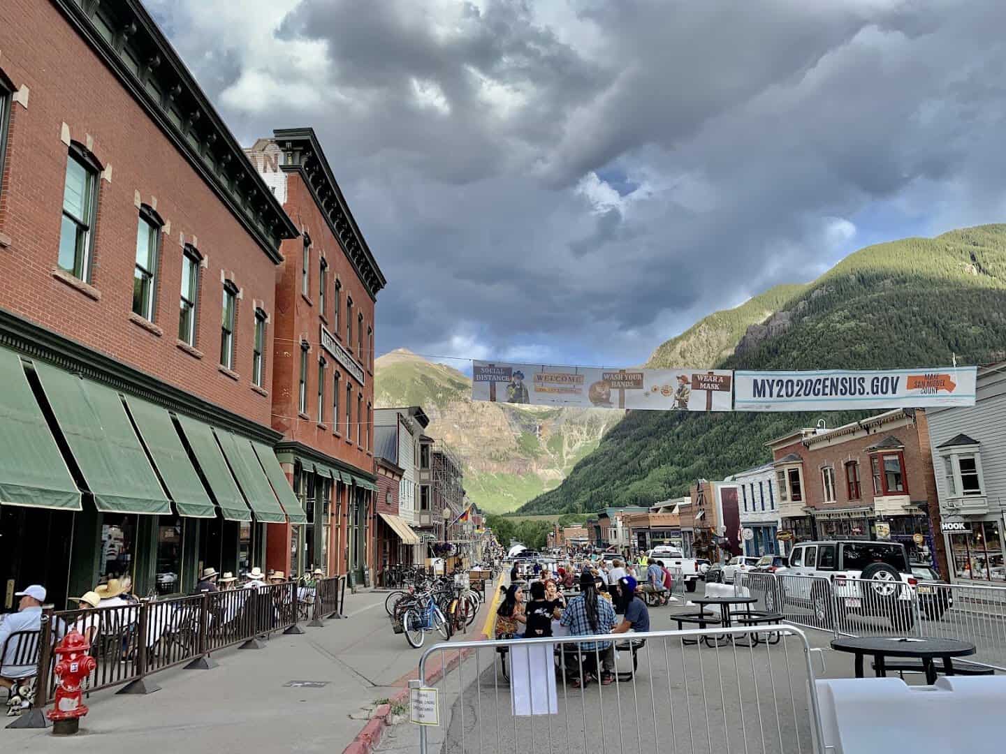 Historic downtown Telluride main street framed by San Juan peaks, Colorado