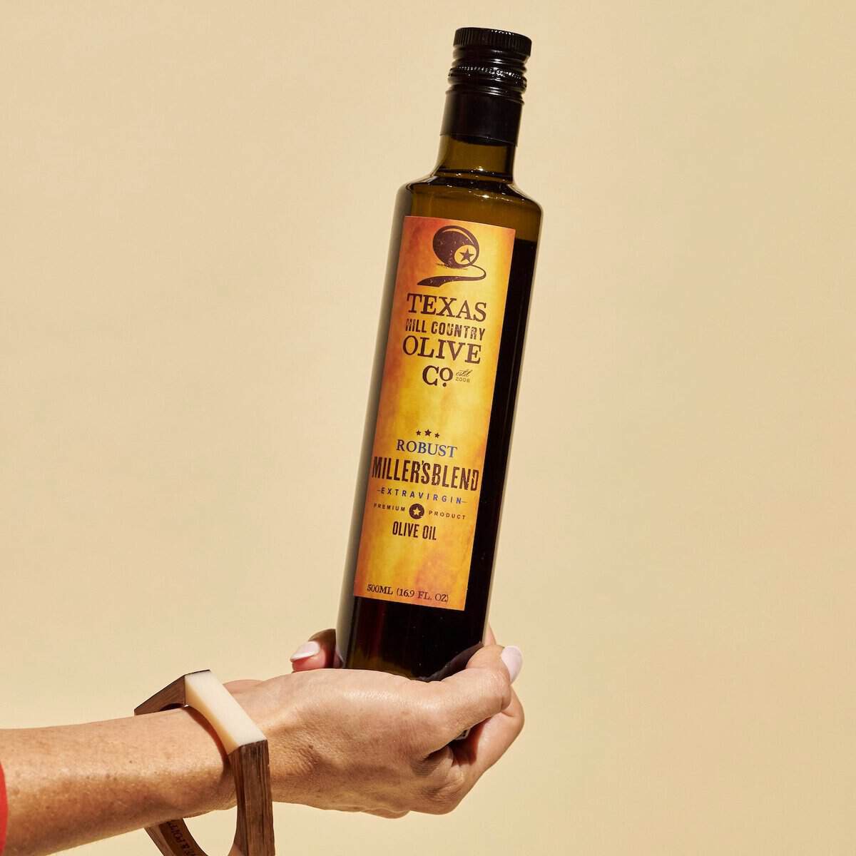 Millers Blend extra virgin olive oil bottle from Texas Hill Country Olive Co.