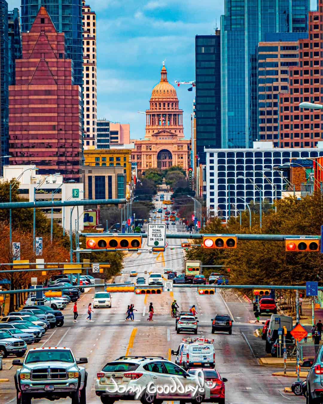The Texas State Capitol dome framed by the downtown skyline along Congress Avenue, Austin, Texas