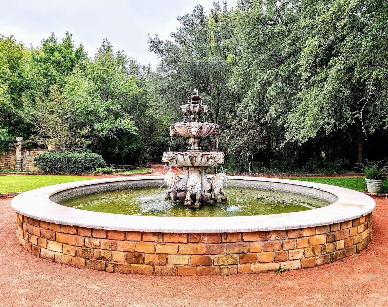 Large tiered stone fountain at Clark Gardens in Weatherford, Texas