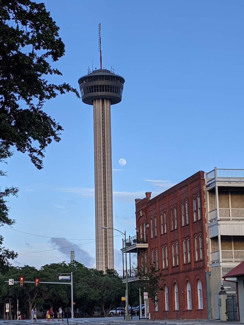 Tower of the Americas rising above downtown near La Villita in San Antonio