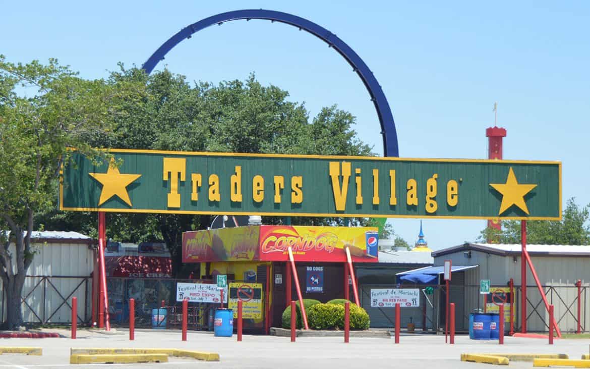 Traders Village entrance sign in Grand Prairie, Texas