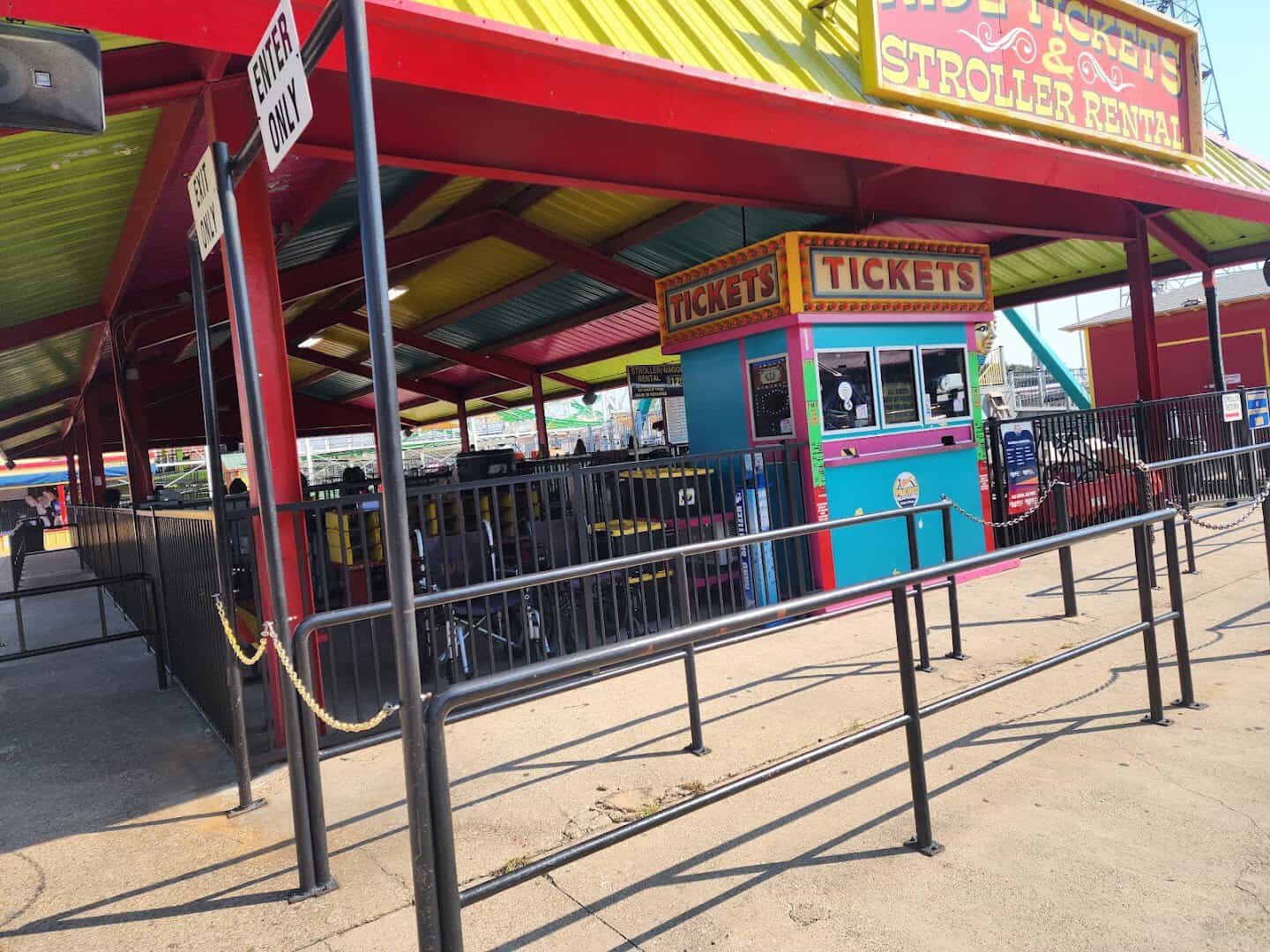 Ride ticket and stroller rental booth at Traders Village in Grand Prairie, Texas